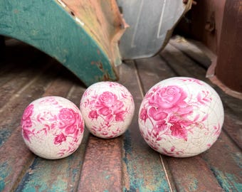 Three Ceramic Orbs Pink Floral Transfer Design, Romantic Decor