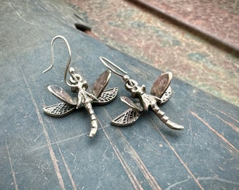 Sterling Silver Dragonfly Earrings Vintage, Three-Dimensional, Insect Jewelry Water Symbolism