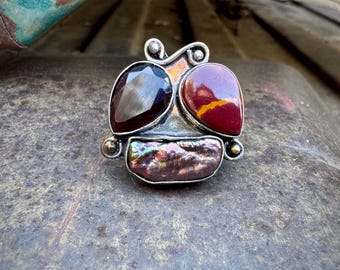 Vintage Baroque Pearl Ring Approx Size 8, Red-Purple Colored Gemstones, Open Back