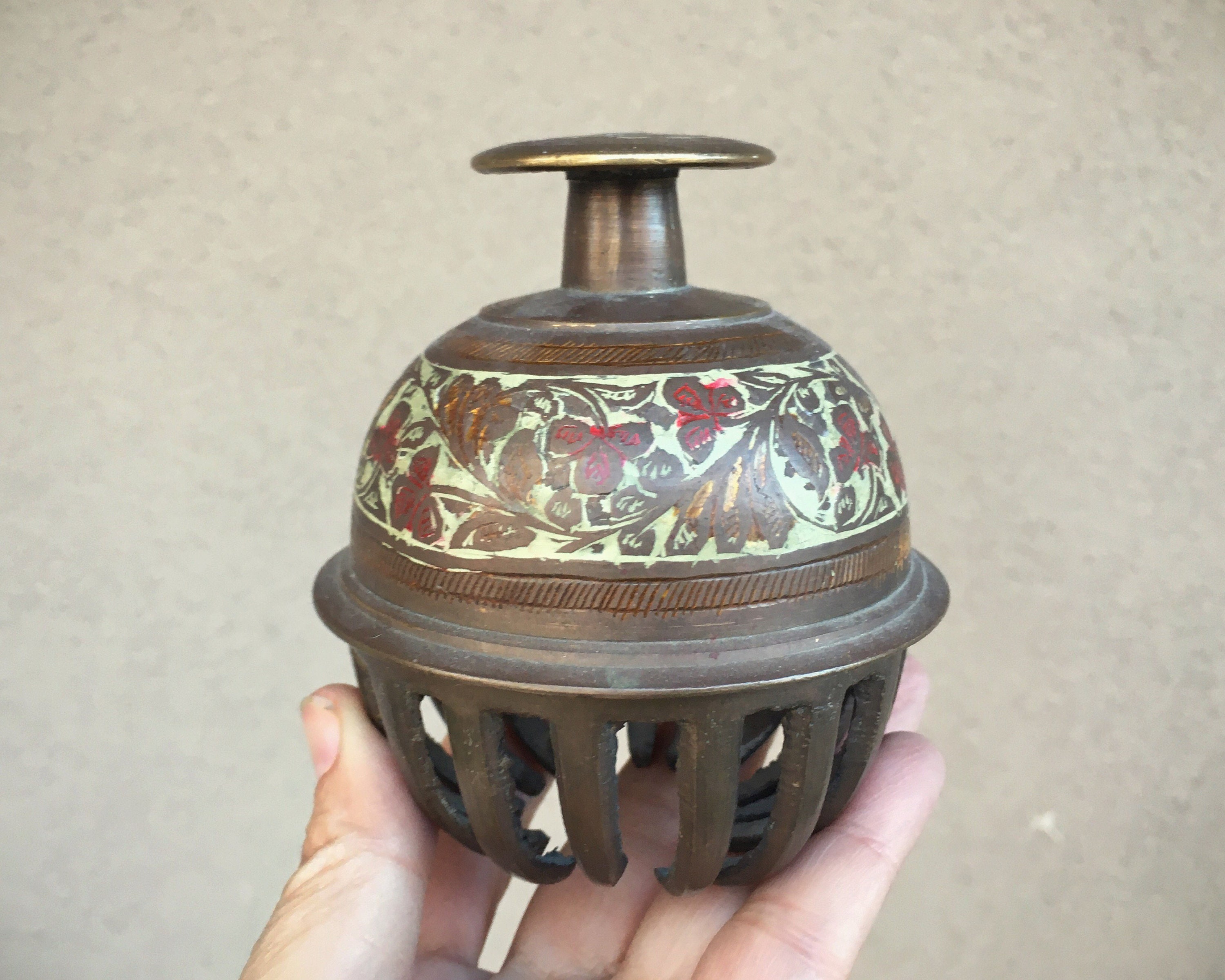 Vintage Larged Enameled Brass Elephant Bell Three Leaf Clover