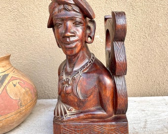 Vintage Solid Wood Single Bookend Carved Face Bust Igorot, Bohemian Eclectic Interior Decor