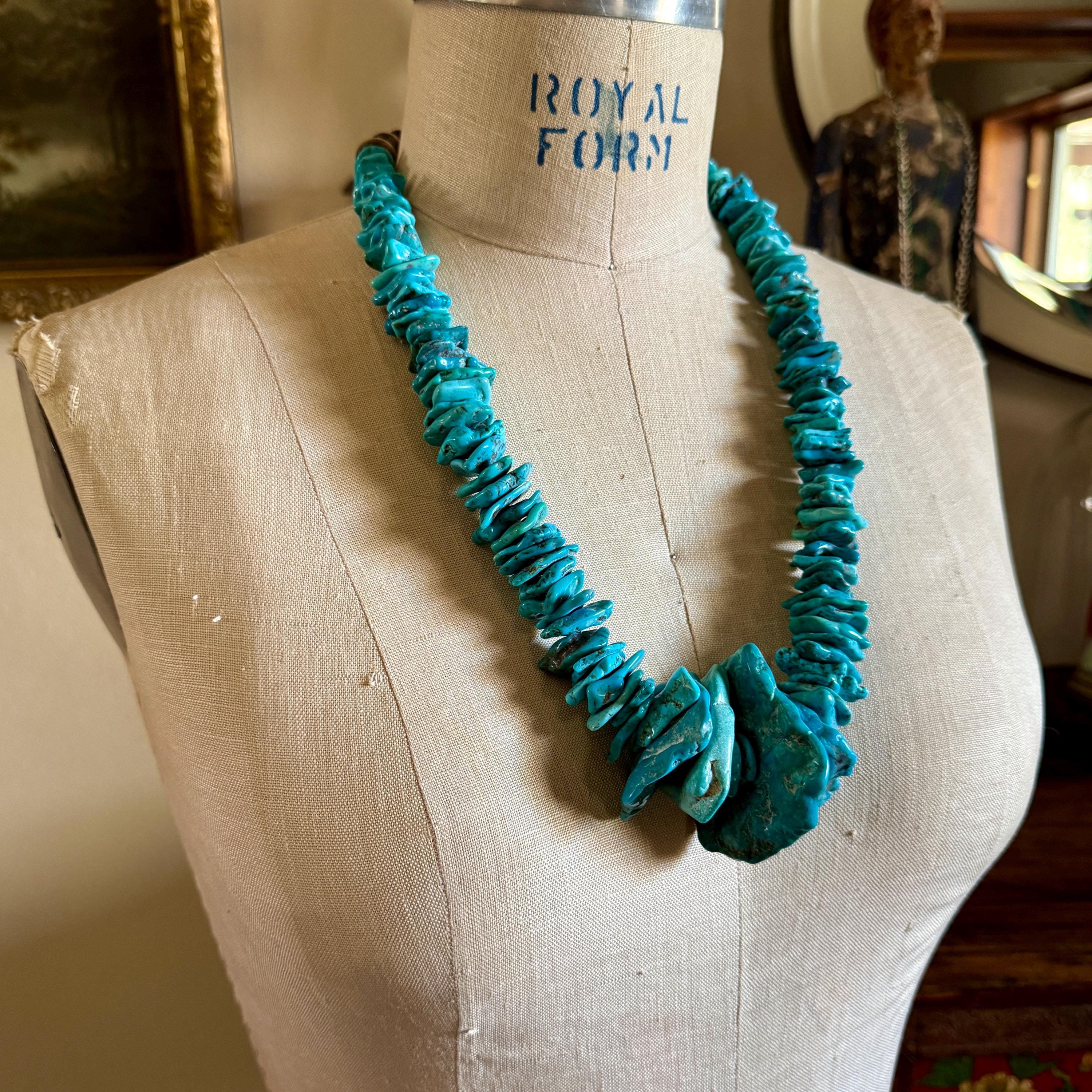 Tremendous Vintage Navajo Turquoise Nugget Native American Necklace Old Tremendous Vintage Navajo Turquoise Nugget Native American Necklace Old
