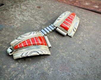 Vintage Coral Inlay Watch Tips by Zuni Elkus Gasper, Petite Size w/ Stretch Stainless Steel