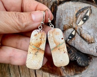 Navajo Dangle Earrings of Ribbon Turquoise Beige Brown, Simple Rectangle Sterling Silver Bezel