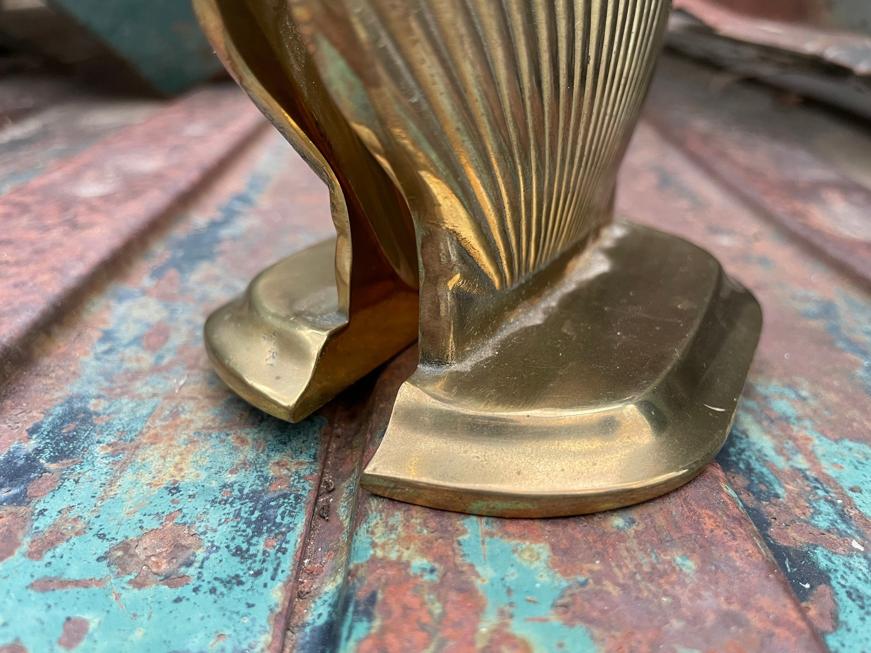 Vintage Solid Brass Clamshell Bookends (Set)