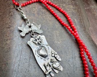 Sterling Silver Hand Milagro Pendant on Red Coral Bead Necklace 28", Doves Hearts