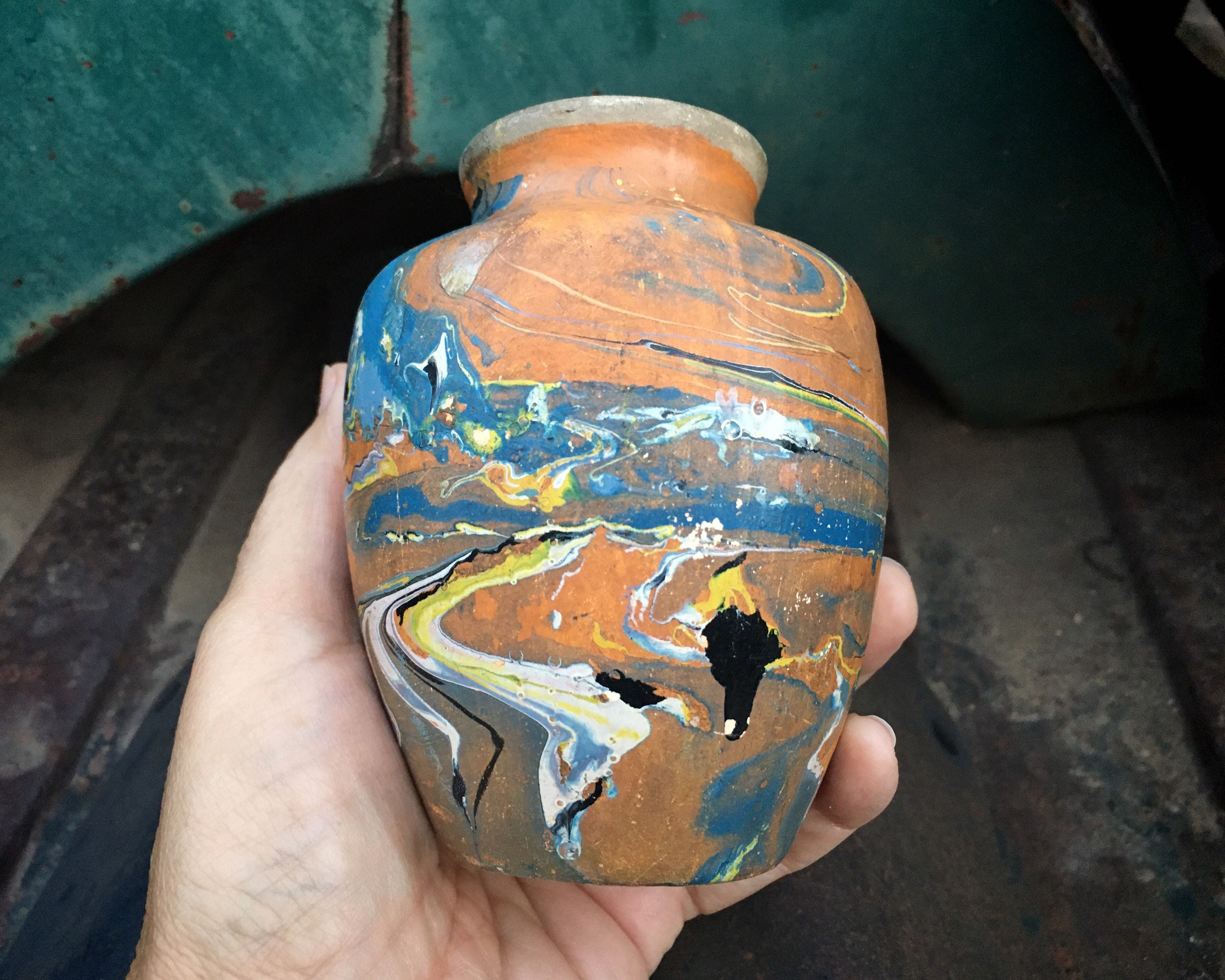Small Vintage Swirled Clay Pottery Vase in Blue Orange Multi Colors