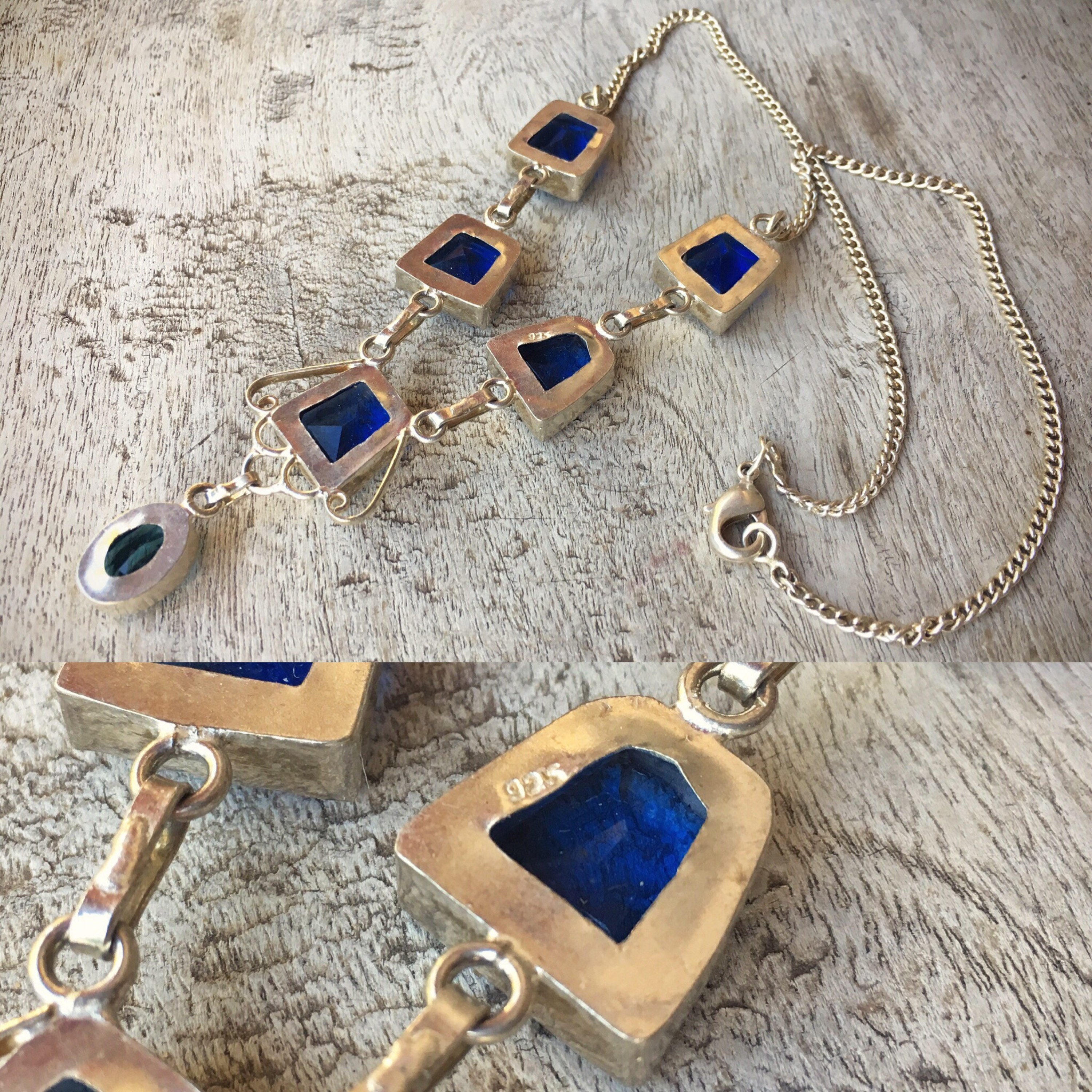 Vintage modernist sterling silver blue crystal necklace, aqua blue ...