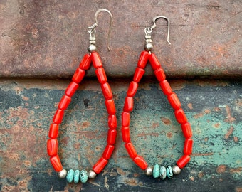 Vintage Natural Red Coral and Turquoise Bead Hoop Earrings Women, Santo Domingo Kewa Pueblo