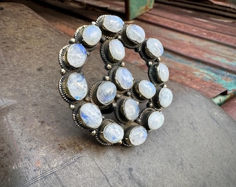 Large Tribal Silver Moonstone Peace Sign Ring Adj Size, Tibetan, Not Sterling