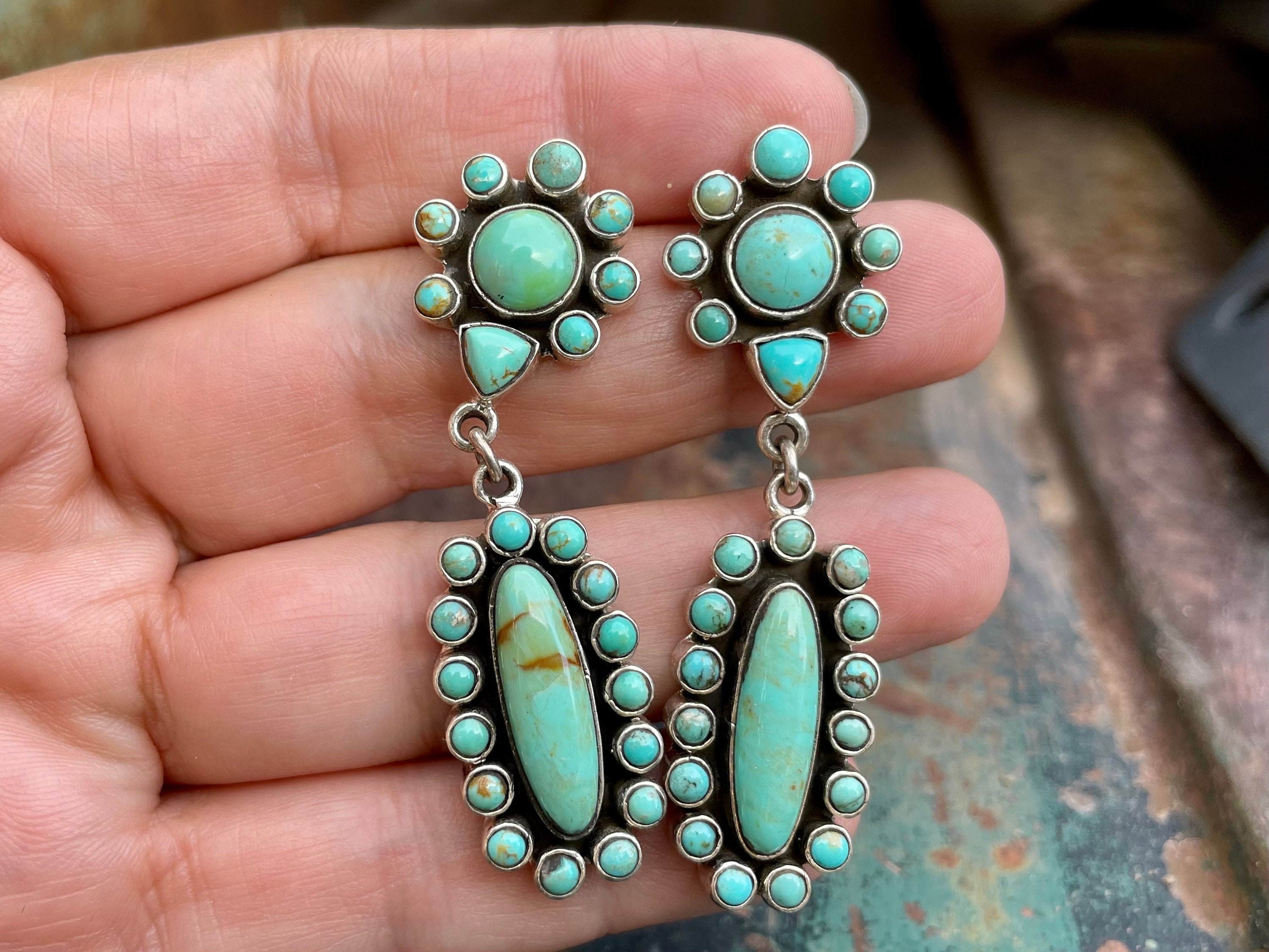 Sterling Silver Turquoise Cluster Earrings Dangle, Southwestern Jewelry