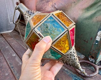 Vintage Tealight Candle Lantern Bronzed Metal & Pressed Colored Glass