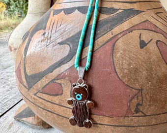 Vintage Zuni Small Brown Teddy Bear Pendant Stone Sterling Silver Turquoise Heishi Necklace