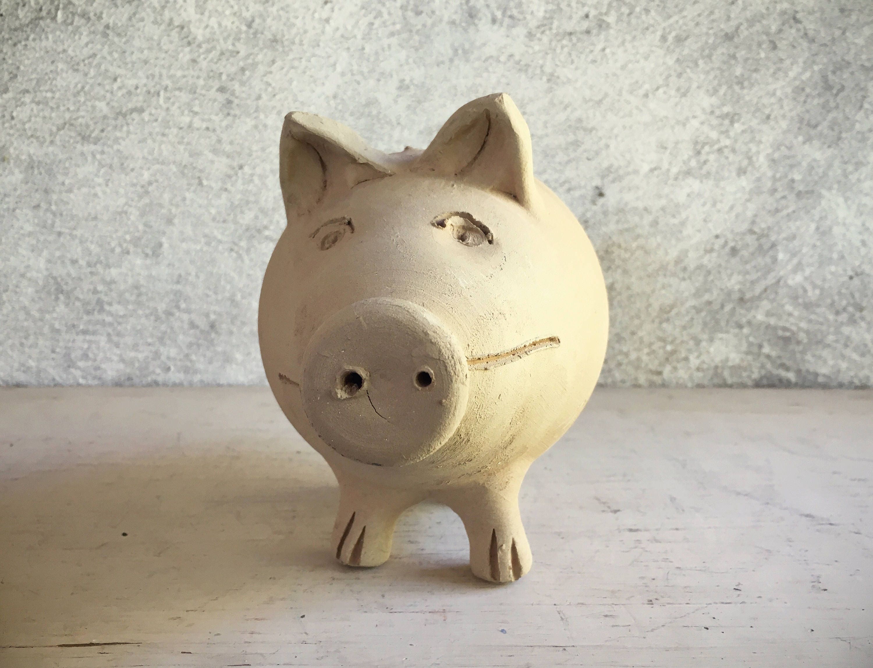 Vintage Mexican pottery piggy bank unglazed terra cotta pig lover gift primitive decor
