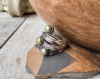 Vintage Hagit Gorali Tahitian Pearl Ring Approx Size 9.5, Sculptural Sterling Silver Jewelry