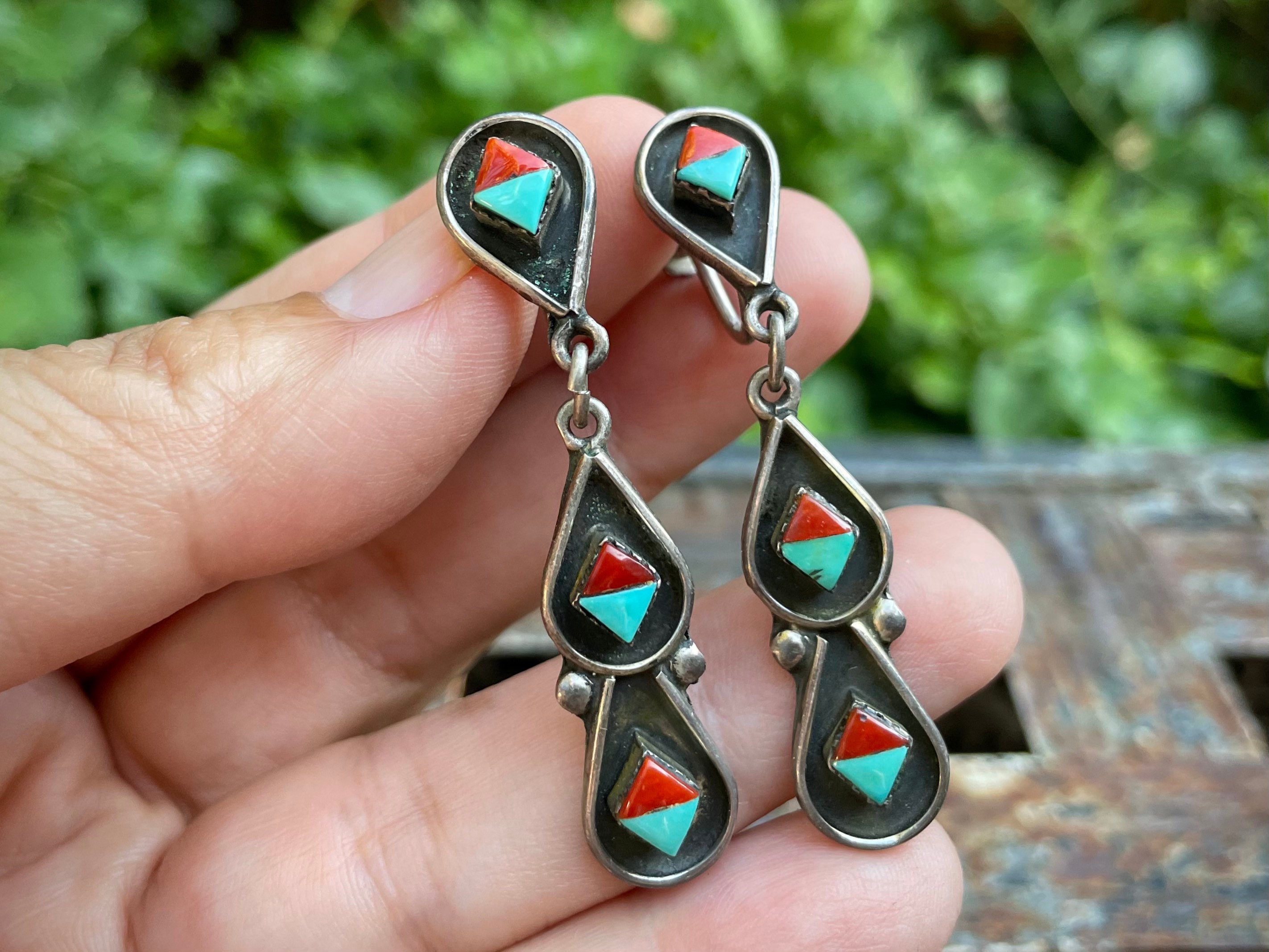 2 1940s Zuni Screw Back Earrings of Turquoise and Coral In