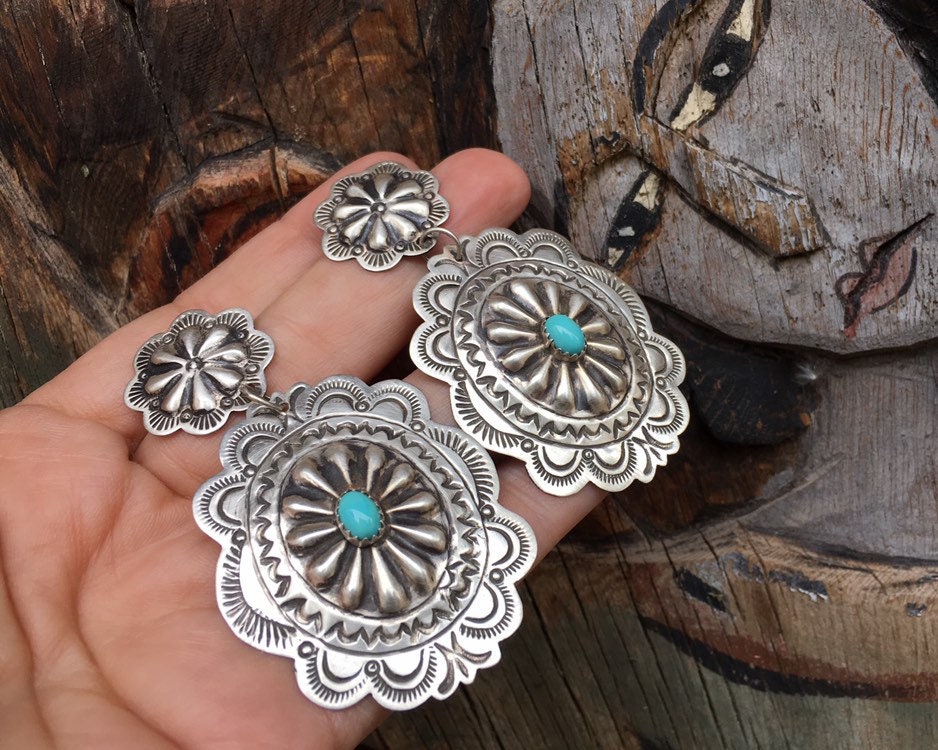 Happie Hippie - 🌵 Beautiful Large Concho Sterling Silver Earrings with  a Turquoise center~ Handcrafted Native American Southwest Jewelry  Receive a Free Sterling Silver Cleaning Cloth with Purchase We Ship, We  Deliver