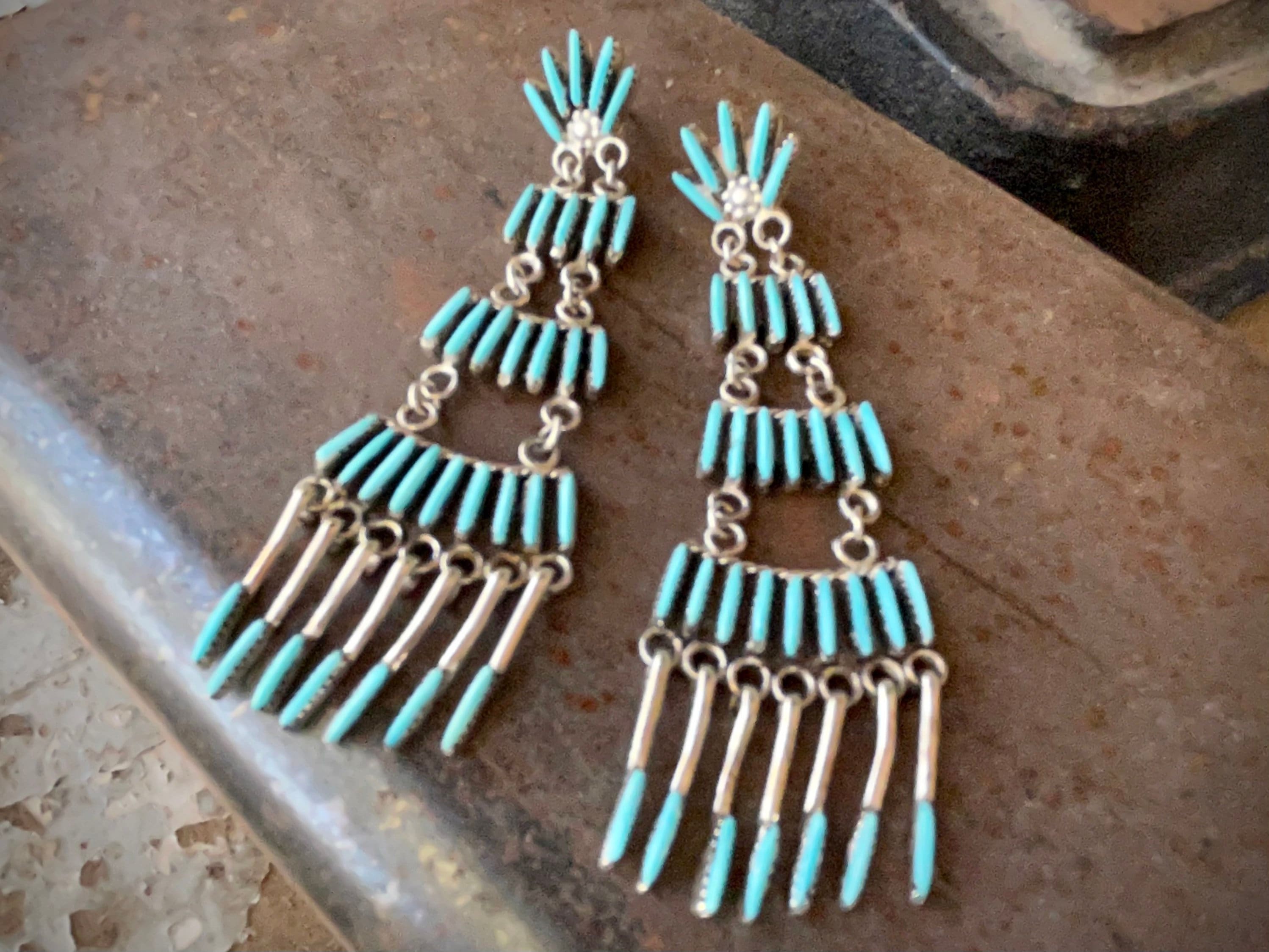 Zuni Chandelier Earrings Sterling Silver Turquoise Needlepoint