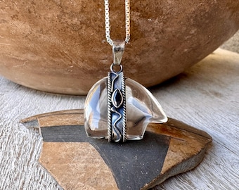 Vintage Clear Quartz Bear Fetish Pendant Sterling Silver Accents and Chain 20"