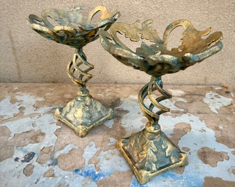 Pair of Vintage Metal Compote Dishes on Stands, Cottage Garden Decoration, Rustic French Decor