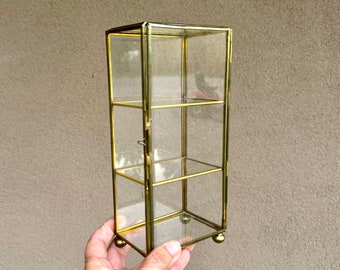 Vintage 8.5" Tall Brass Glass Small Curio Display Case for Miniature Figurines and Collectibles
