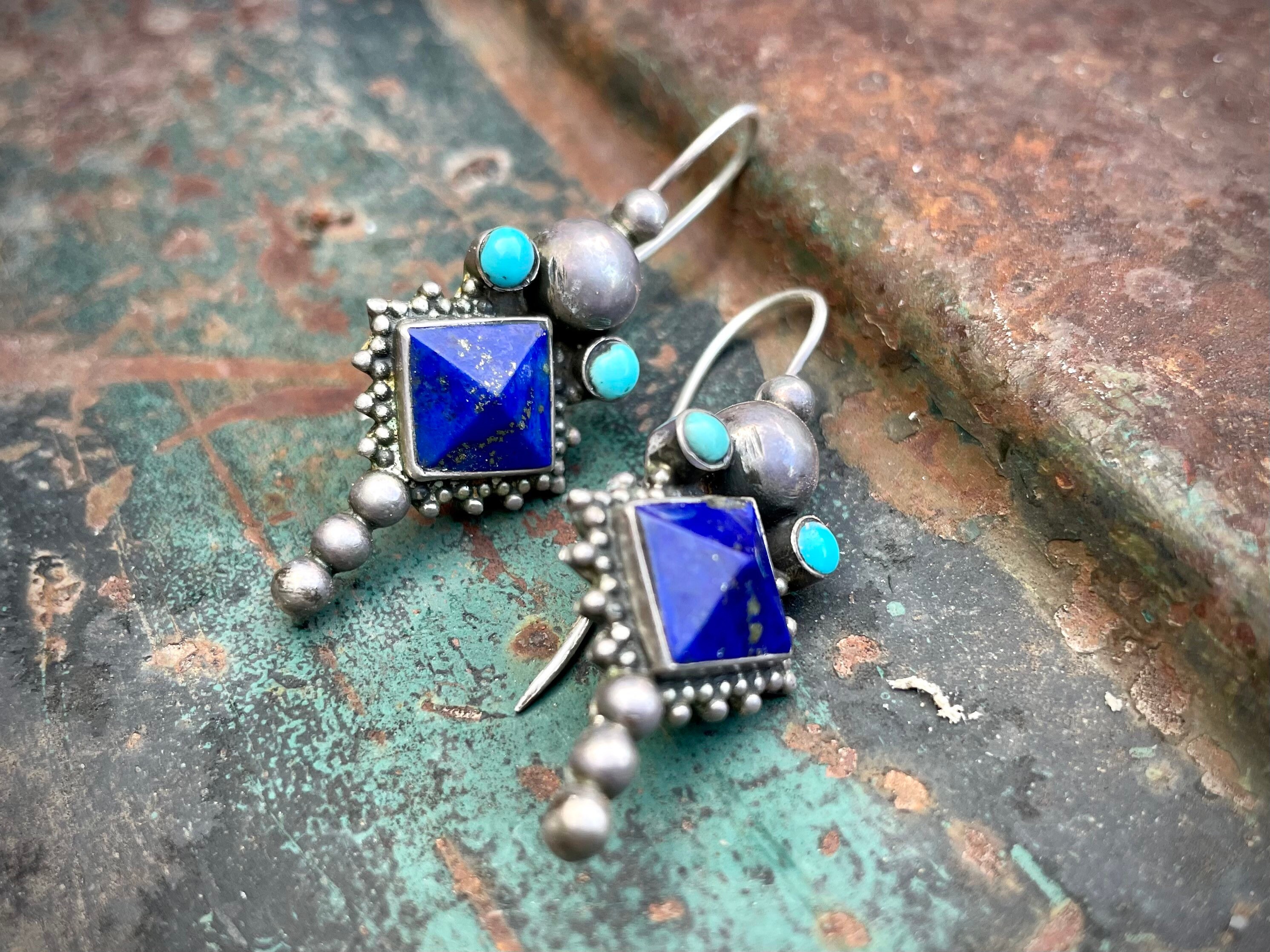 Bohemian Silver Fan Earrings with Lapis Lazuli Stone Accent jlt11601