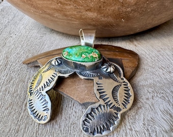 Chimney Butte Stamped Sterling Silver Naja Pendant with Green Turquoise, Approx 2" x 1.75"