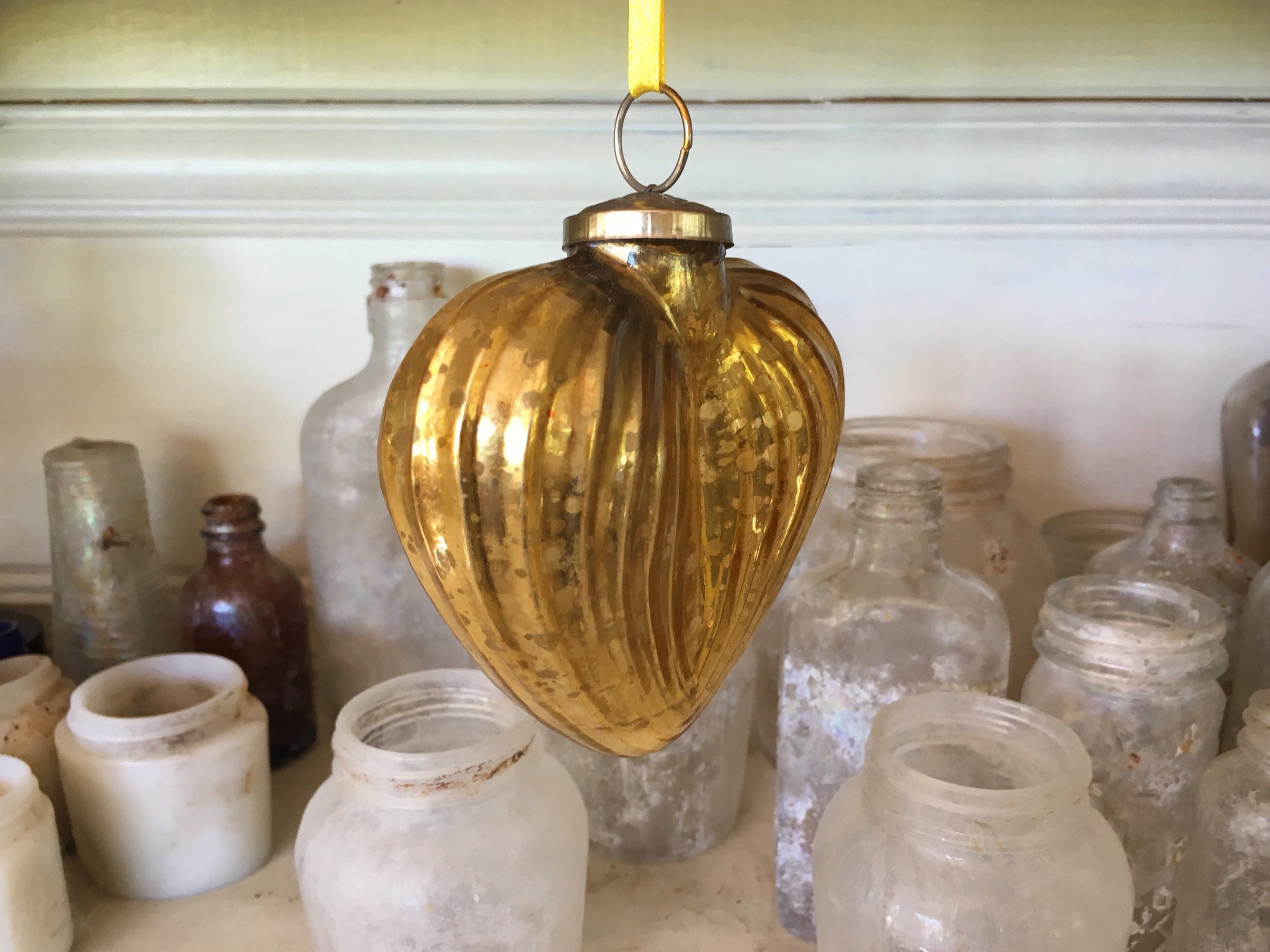 Pair of Vintage Yellow Gold Mercury Glass Christmas Ornament Kugel
