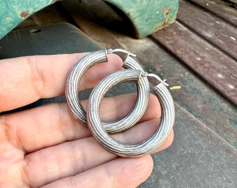 Vintage Textured Lightweight Sterling Silver Hoop Earrings Approx 1.5" Diameter, Versatile Classic Design Short Hair, Birthday Gift Women's