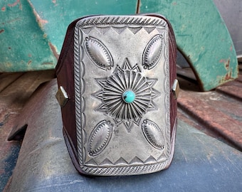 Ketoh Bow Guard Bracelet 3+" Long Silver Turquoise Leather w/ Buckle by Santa Fe Artist Buffalo