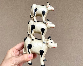 Vintage Cast Iron Stacked Cows Door Stop Black White, Farm Animal Gifts, Rustic Ranch Decor