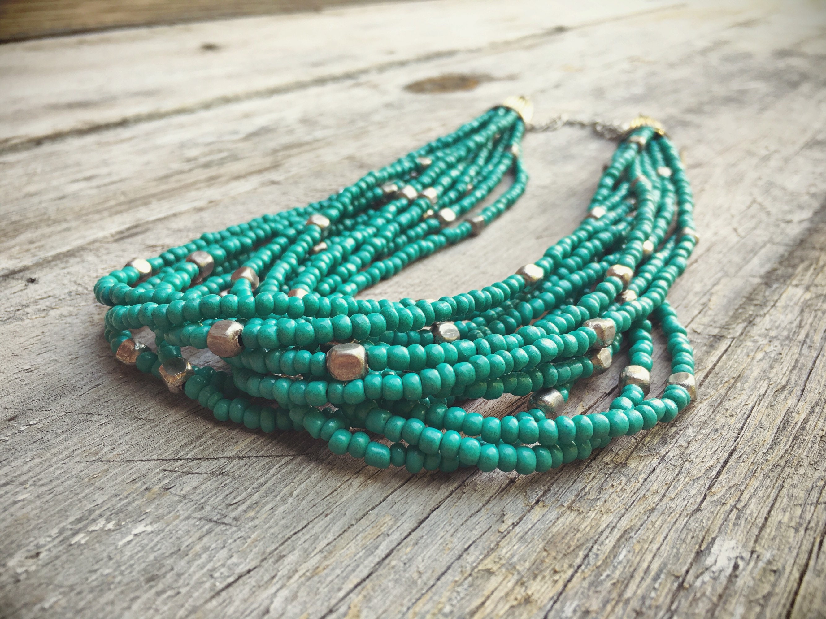 12 Strand Bead Necklace Turquoise Color Glass Beads, Bohemian Necklace ...