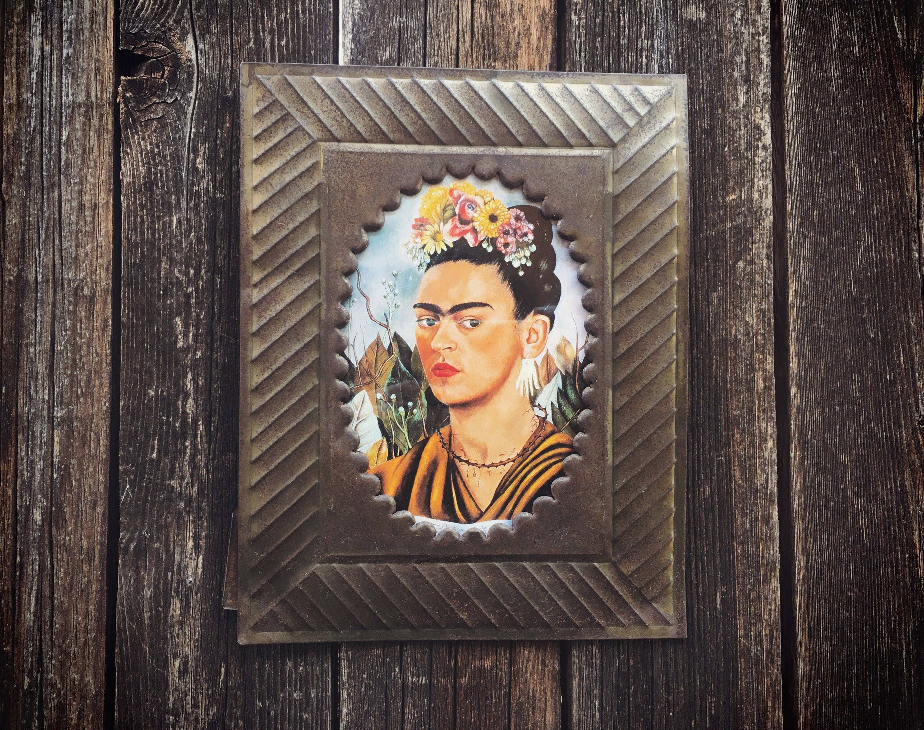 Mexican Tin Picture Frame with Frida Kahlo Postcard, Frida Art, Mexican