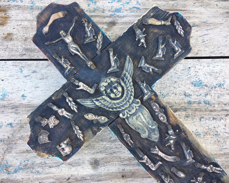 Vintage Mexican Milagro Wall Cross with Gold Tone Amulets, Lucky Charm