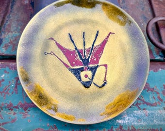 Midcentury Modern Enamel on Copper Plate (Small Flaw), Modernist Design, Khaki Yellow