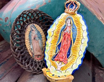 Vintage Virgin of Guadalupe Wall Hangings, Italian Pottery Holy Water Font, Altar Art
