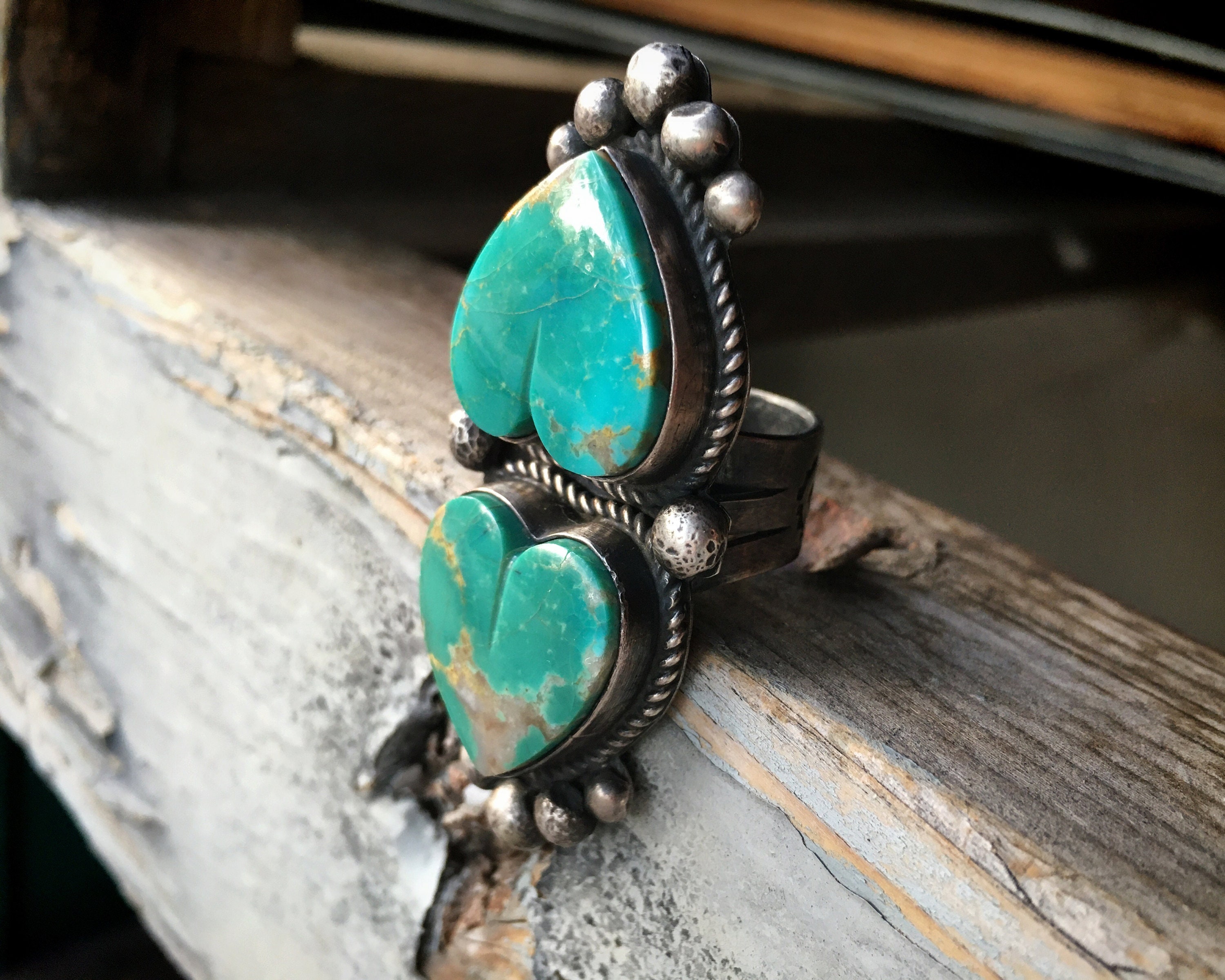 Double Turquoise Heart Ring for Women Size 6.25 by Navajo Roy Buck
