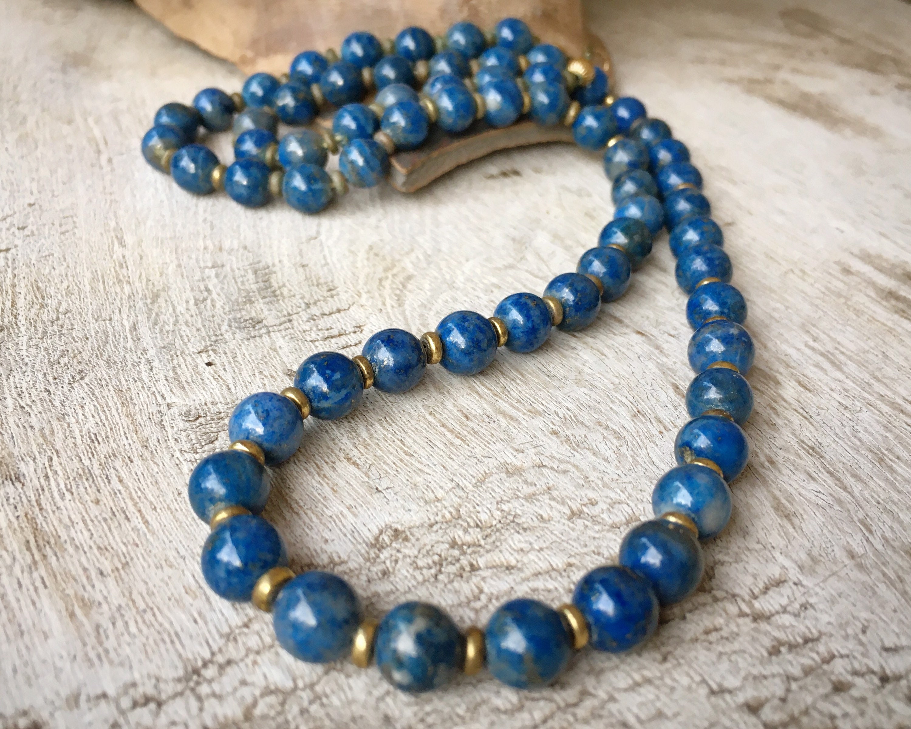 Vintage Lapis Lazuli Bead with Brass Spacer Necklace for Women, Estate ...