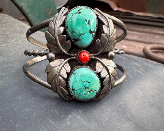 Vintage Navajo Turquoise Coral Silver Cuff Bracelet Size 5.75, Feather Leaf Design, Old Pawn