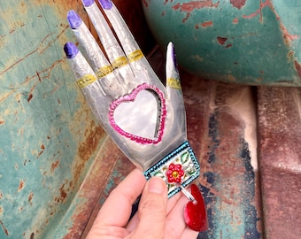 Vintage Mexican Painted Tin Hand Small Mirror with Dangling Heart Wall Hanging, Southwestern Decor