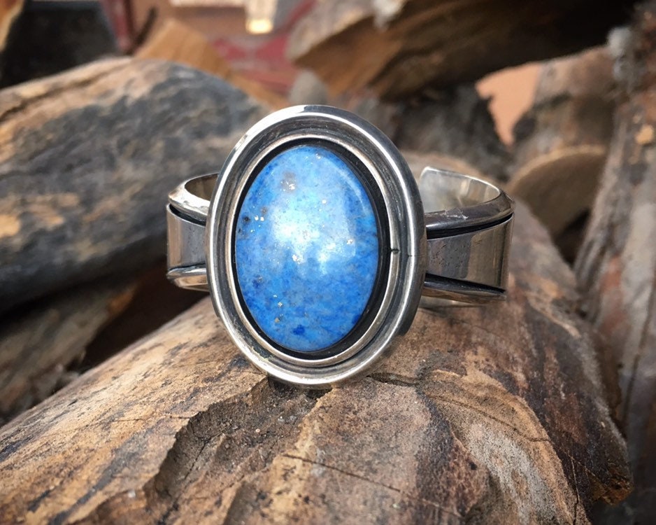 Modernist Sterling Silver and Denim Lapis Cuff Bracelet, Native ...