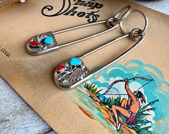 Pair of Vintage Turquoise Coral Oversized Diaper Pin Key Chains Brooches, Vintage Native American Indian Accessory, Safety Pin Gift Women
