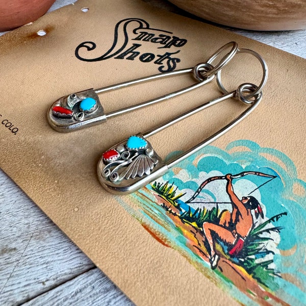 Pair of Vintage Turquoise Coral Oversized Diaper Pin Key Chains Brooches, Vintage Native American Indian Accessory, Safety Pin Gift Women