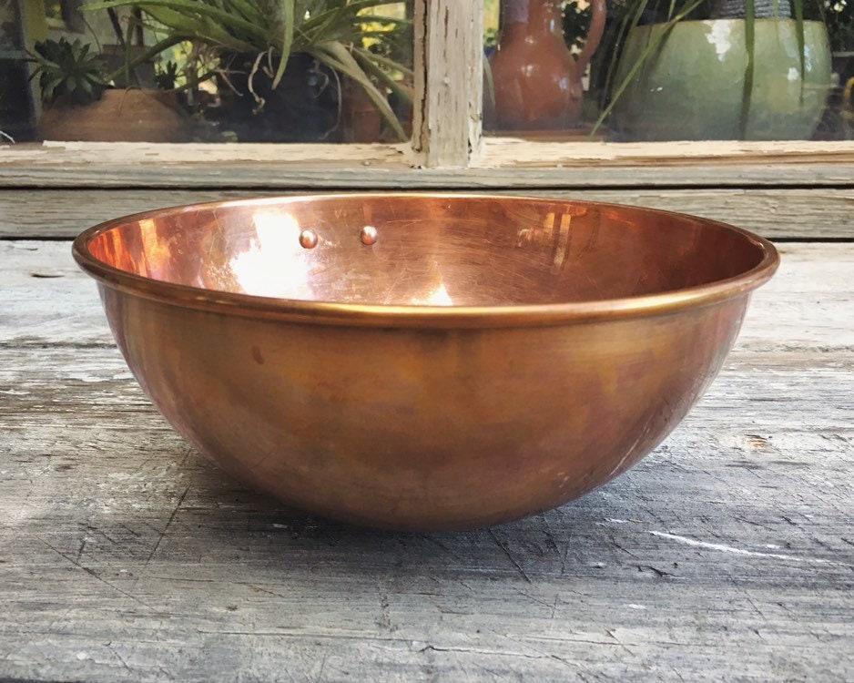 Vintage 10 Round Solid Copper Bowl with Brass Handle, French Style