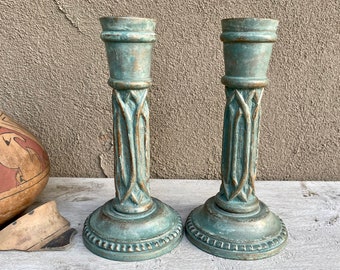 Pair of 1997 10" Tall Painted Wood Candlestick Candle Holders, Organic Modern Rustic Home Decor Farmhouse, Vintage Candleholder Table Top
