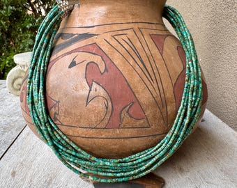 Ten-Strand Green Turquoise Heishi  Necklace 19.75", Fine Small Beads, Silver Cones at Ends