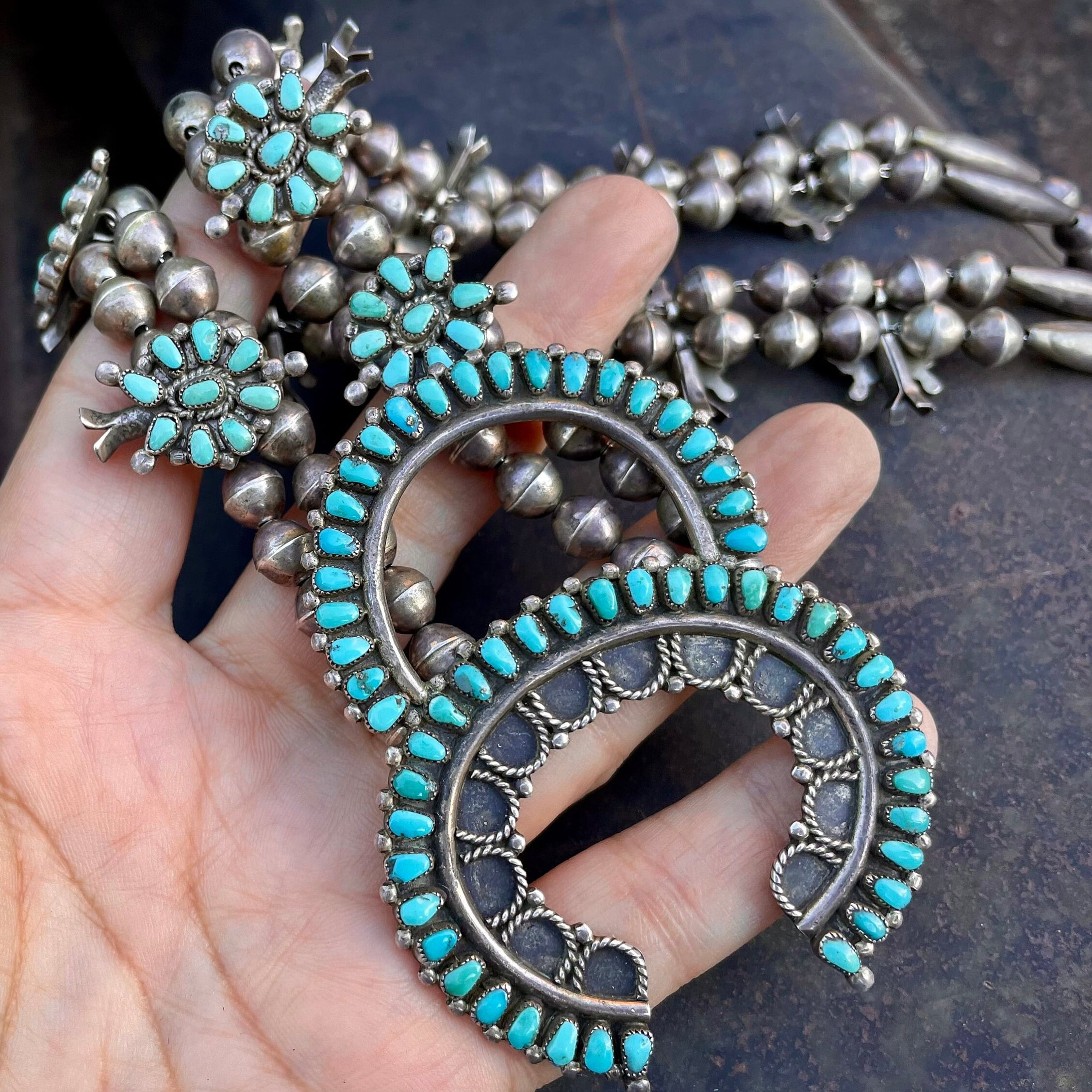 Navajo Smoke Bisbee Turquoise Sterling Silver Squashblossom Necklace |  Sedona by Manzano Jewelers