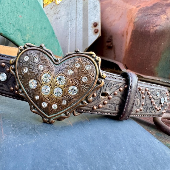 Western Size 30 Leather Belt Brass Heart Buckle by Justin