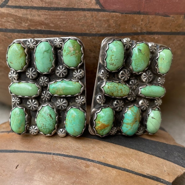 Vintage Green Turquoise Cluster Clip-On Earrings, Rectangle Shape, Native American Indian Jewelry for Women, Rodeo Fashion, Gift for Aunt