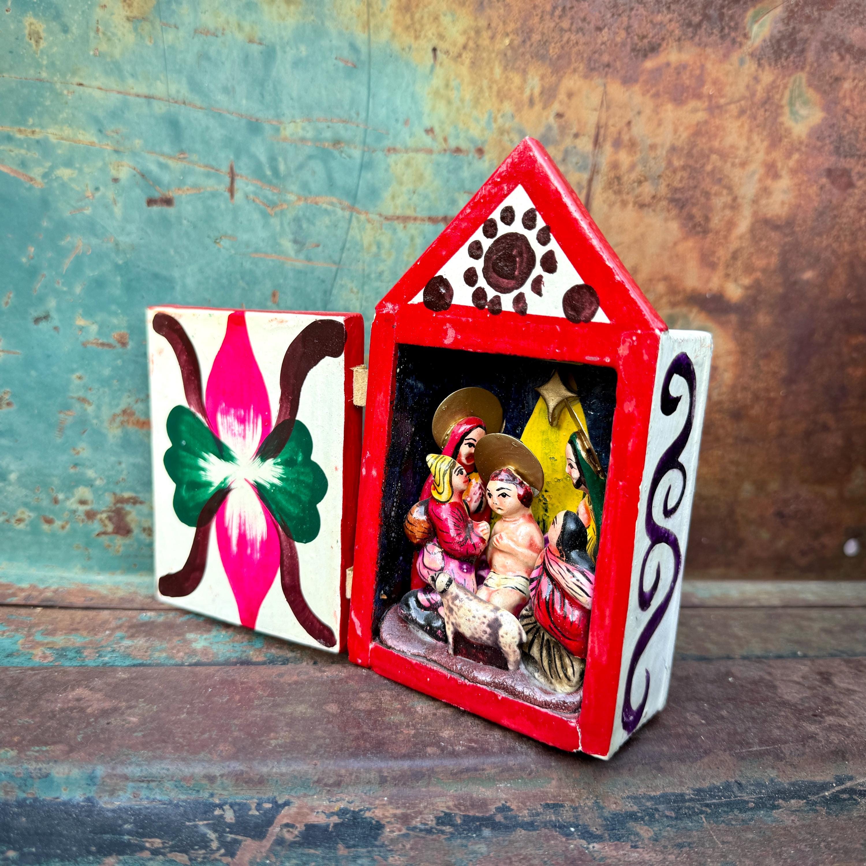Small Vintage Peruvian Folk Art Retablo Ceramic Nativity Scene in Wood ...